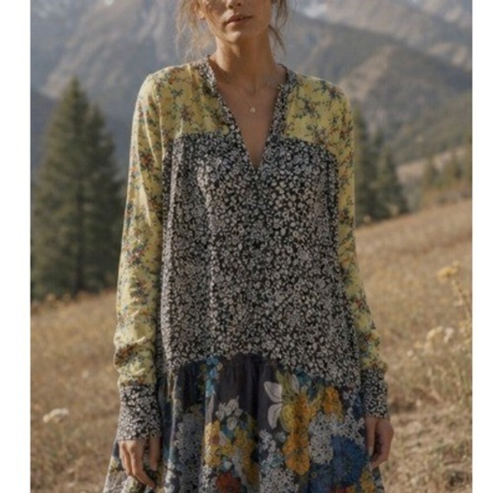 Sandro Paris Silk Yellow Floral‎ Drop Waist Mini Dress Medium Boho Twee Romantic